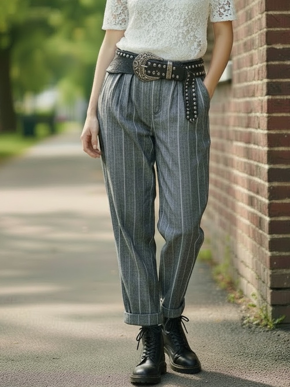 Free People Grey Pinstripe High-Waist Trousers Size 2